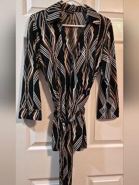 le chateau Navy Wrap-Style Top with Tan and White Stripes